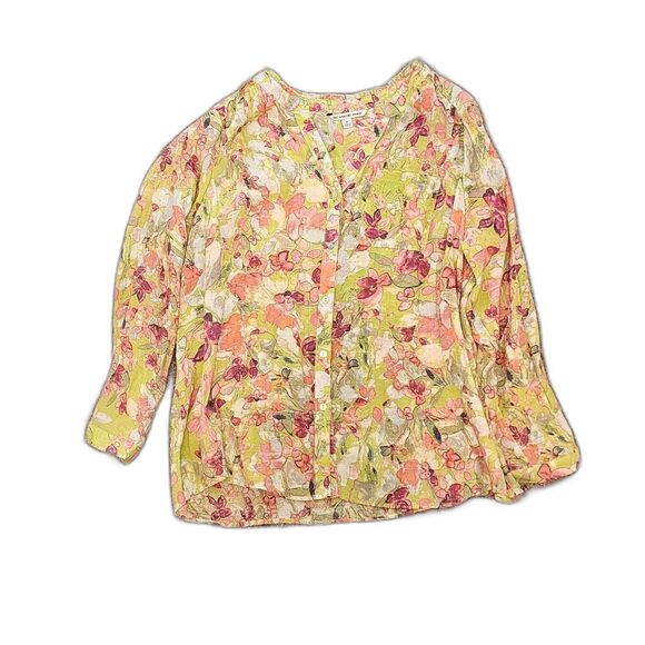 Cottagecore, Fairycore, Boho Floral Blouse, 1X Lime Green Pink V-Neck Button EUC - Picture 5 of 6